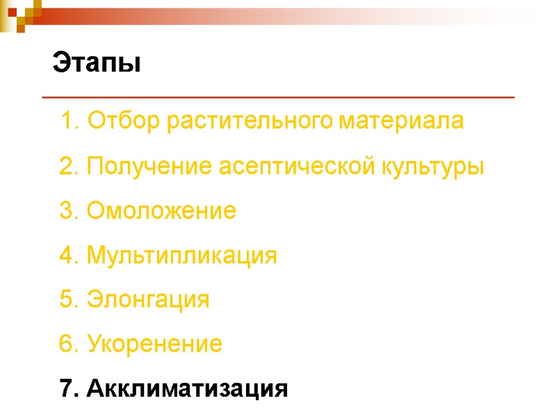 Этапы  1. Отбор растительного материала  2. Получение асептической культуры  3. Омоложение